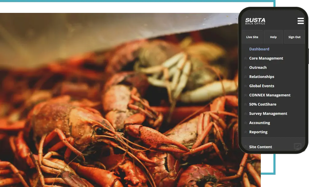 mobile device displaying the SUSTA back office menu, overlaid on a background of shellfish