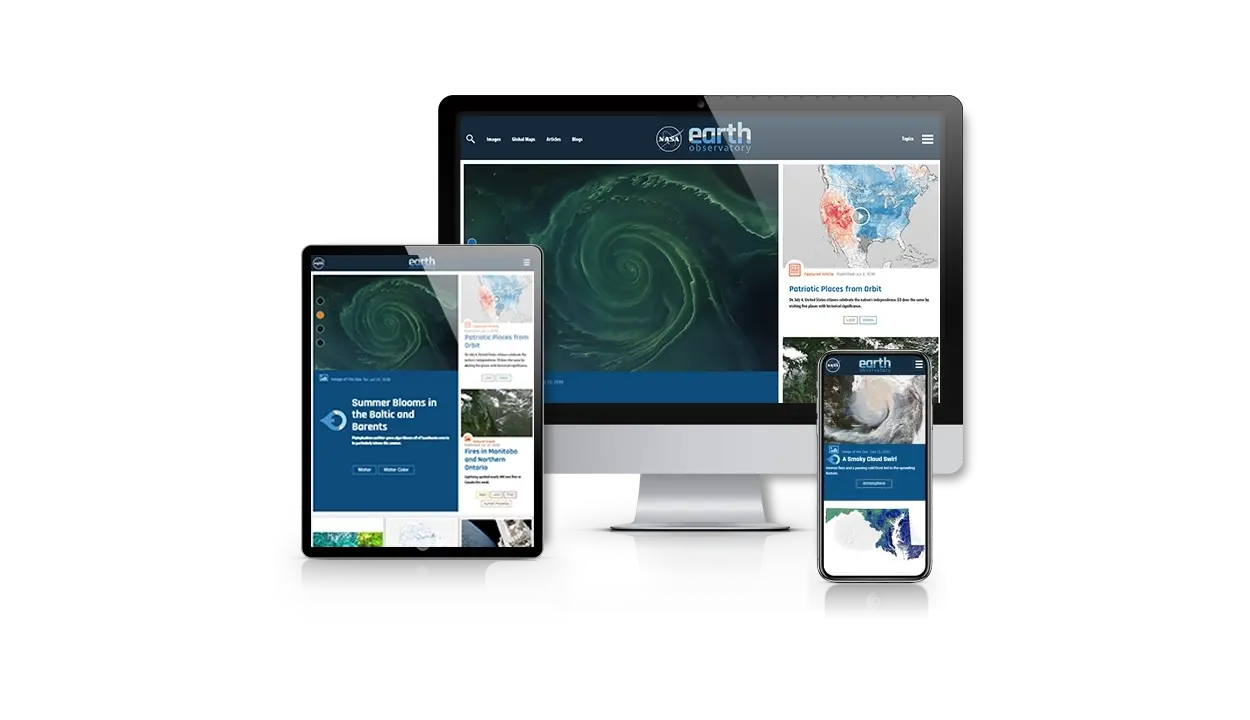 a laptop, a tablet, and a smartphone all showing the NASA earth observatory website