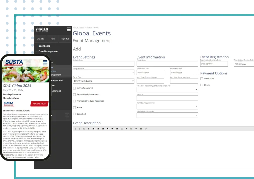 a mobile device showing an event's web page, overlaid on a screenshot of the global events admin