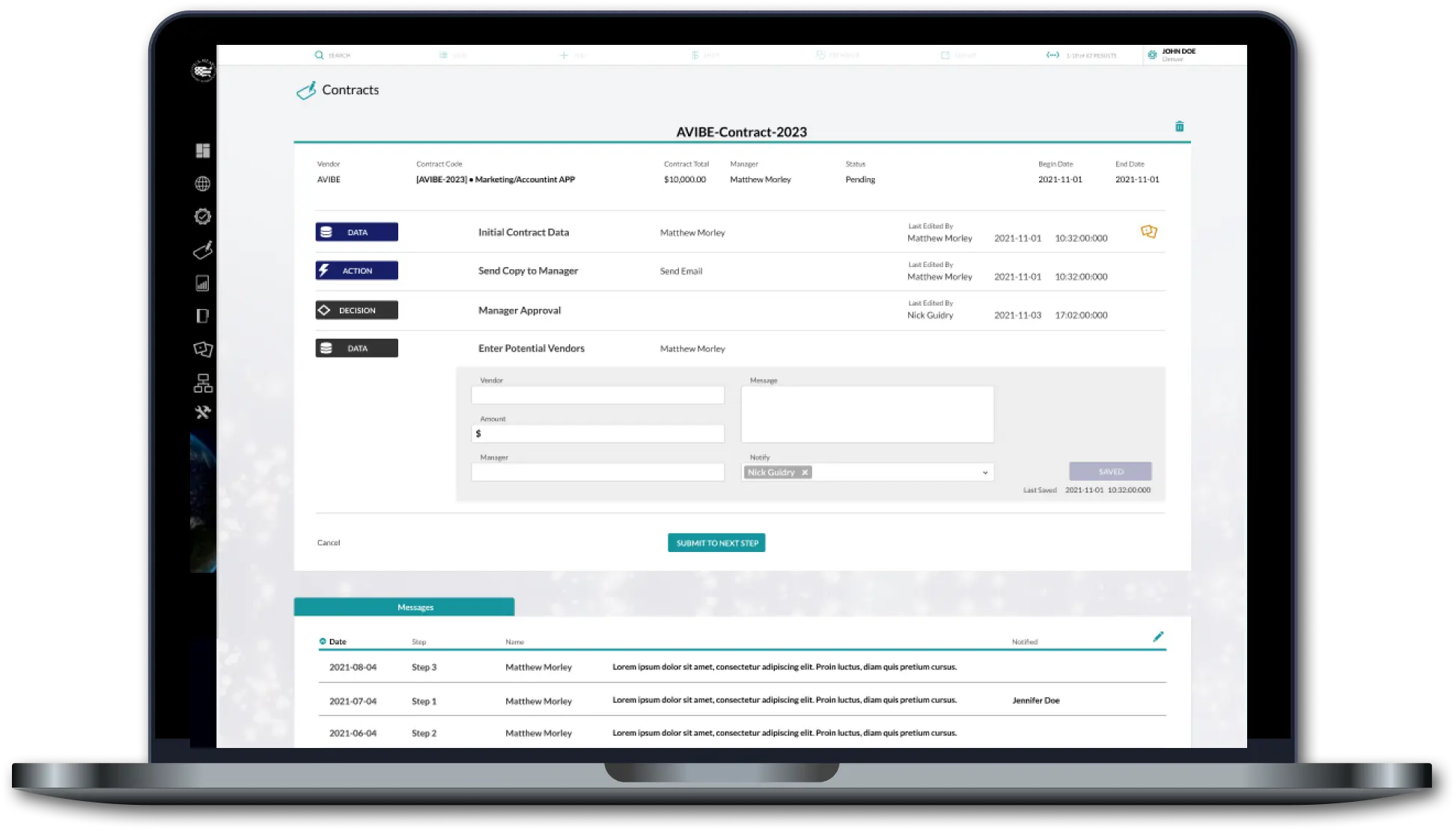 laptop displaying the contract management interface