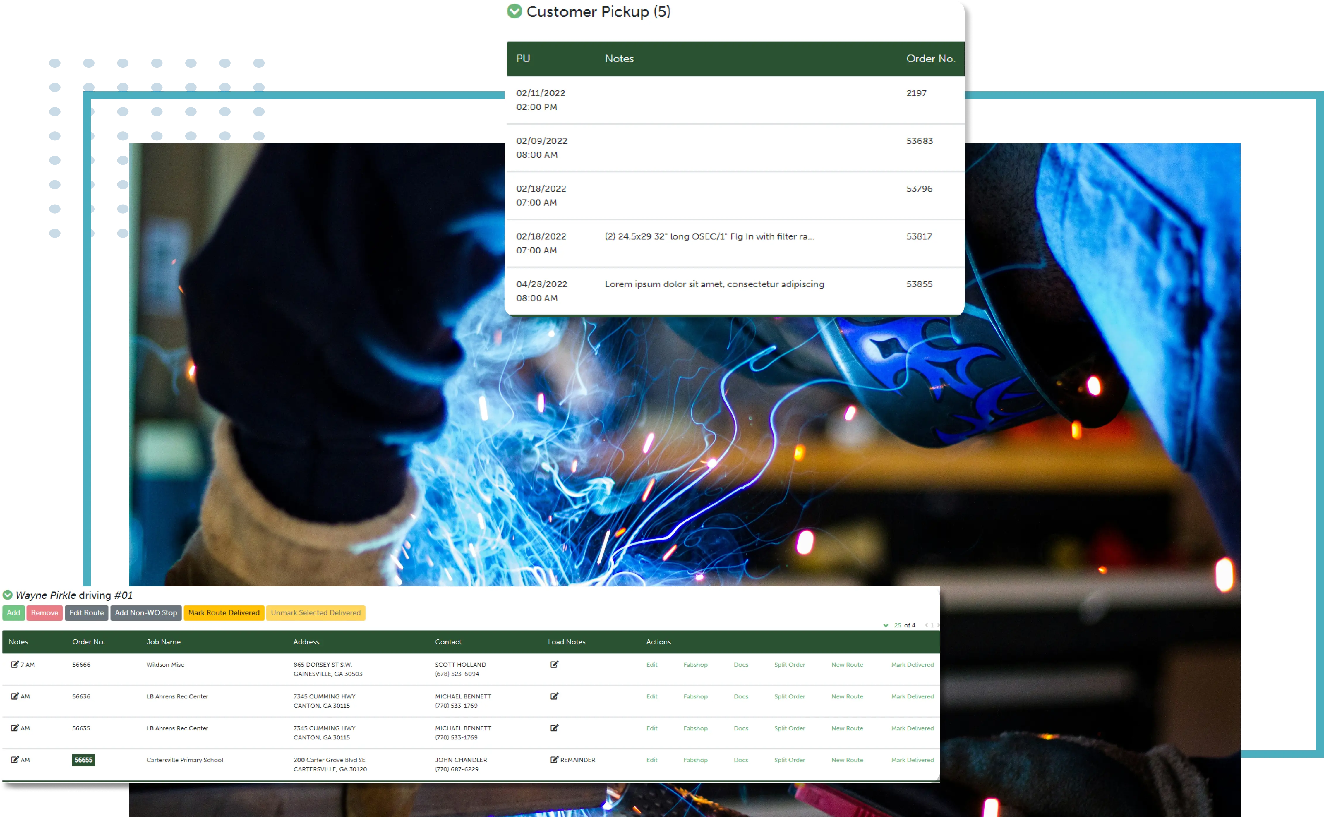 customer pickup and driving spreadsheet tables overlaid over a background of a welder